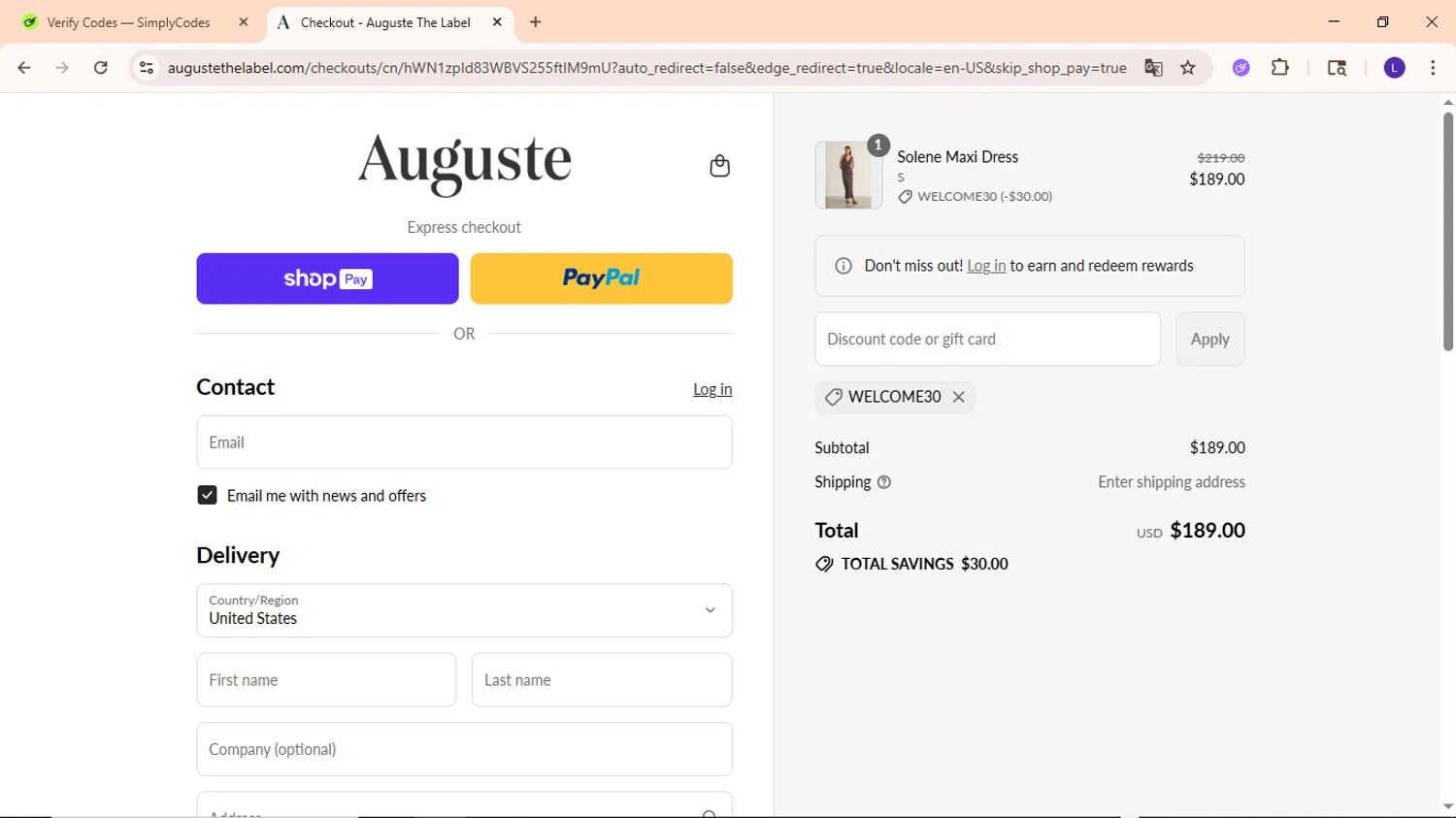 Auguste The Label discount code screenshot showing code WELCOME30 applied at Auguste The Label checkout page. Uploaded by SimplyCodes community member EpicWarden3081 on Aug 19, 2025