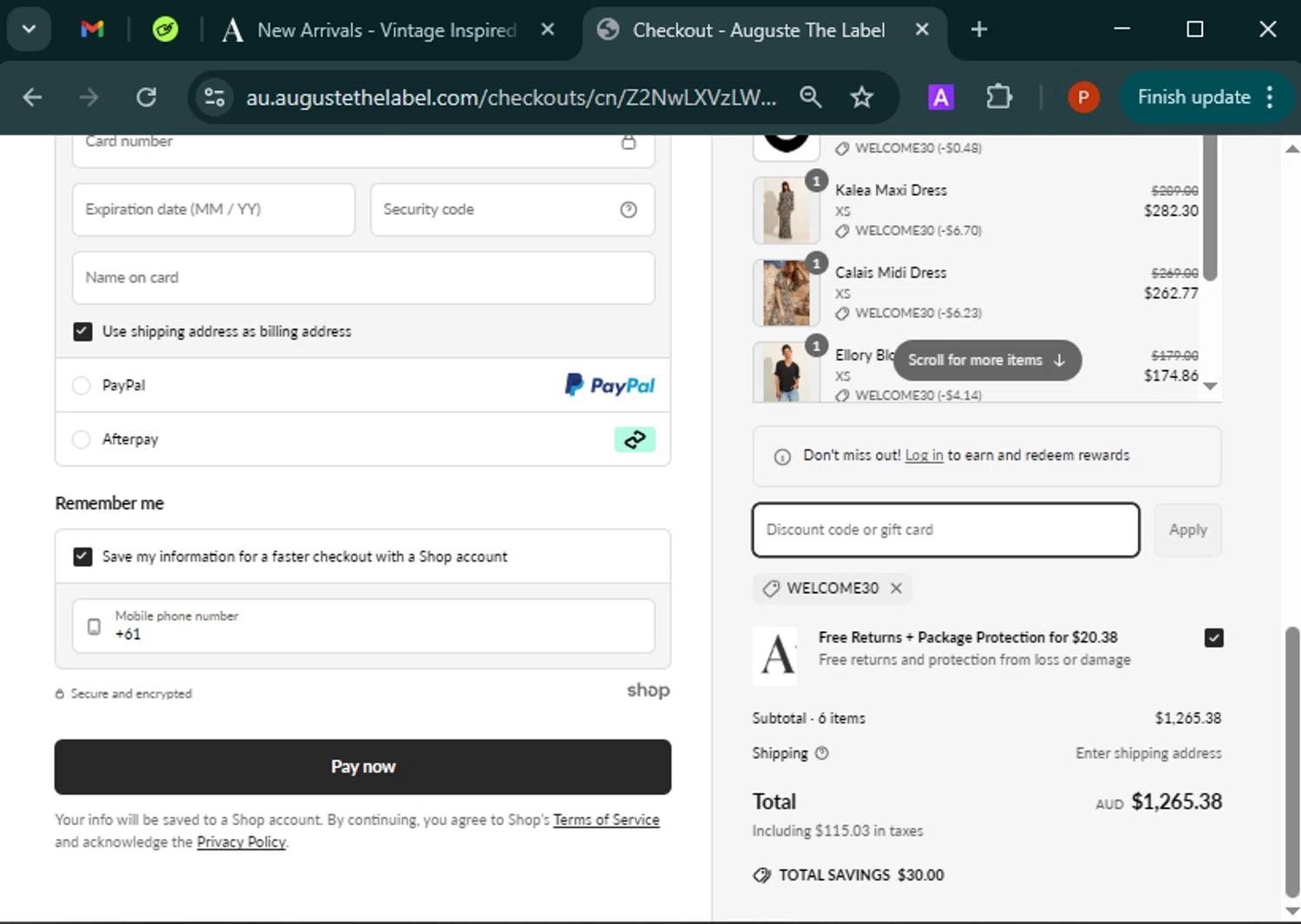 Auguste The Label discount code screenshot showing code WELCOME30 applied at Auguste The Label checkout page. Uploaded by SimplyCodes community member Isabelle_adjanichamber on Mar 27, 2025