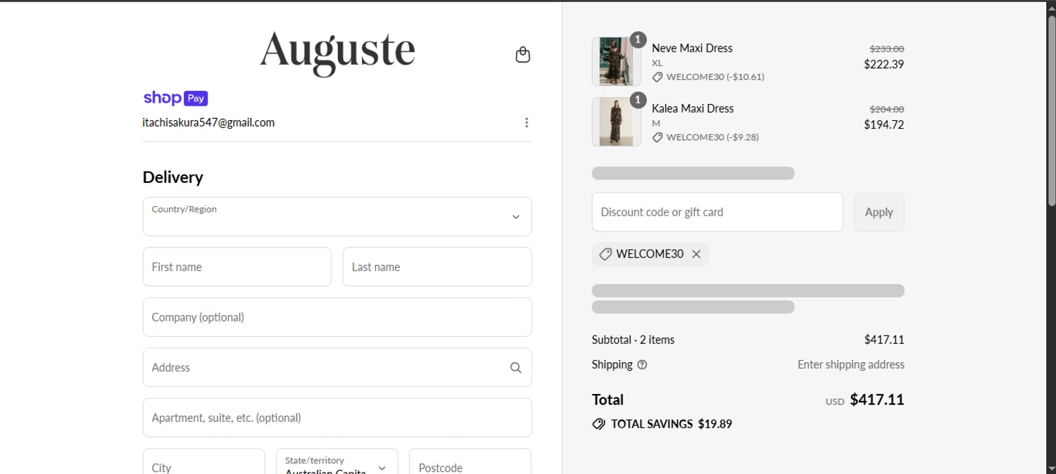 Auguste The Label discount code screenshot showing code WELCOME30 applied at Auguste The Label checkout page. Uploaded by SimplyCodes community member noworries on Jul 18, 2025