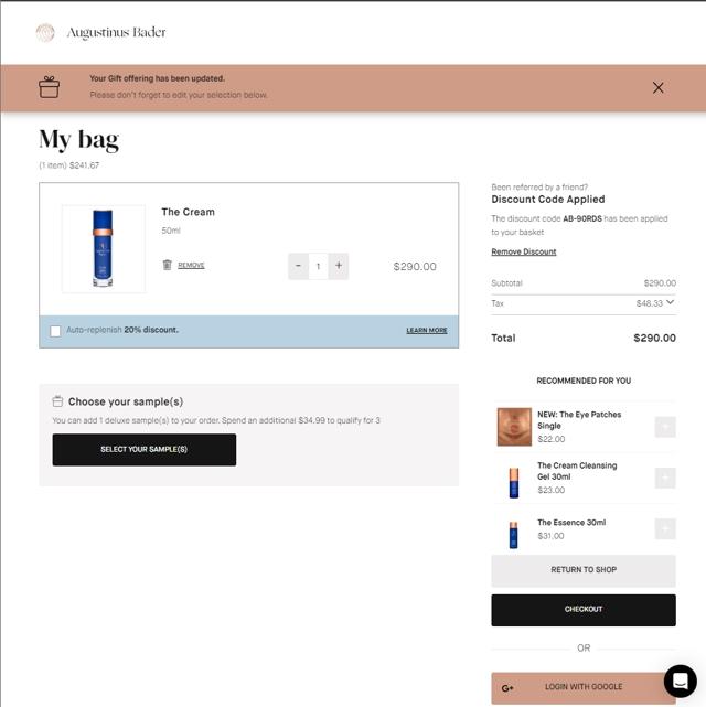 Augustinus Bader checkout page showing Augustinus Bader discount code box | Screenshot taken by SimplyCodes community member on Jul 5, 2023