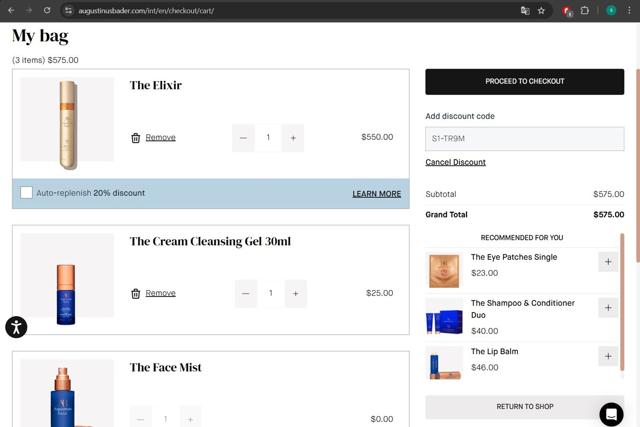 Augustinus Bader checkout page showing Augustinus Bader discount code box | Screenshot taken by SimplyCodes community member on Aug 11, 2025