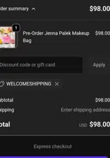 WELCOMESHIPPING coupon verification screenshot