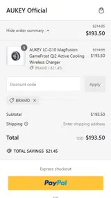 Aukey Shop coupon verification screenshot
