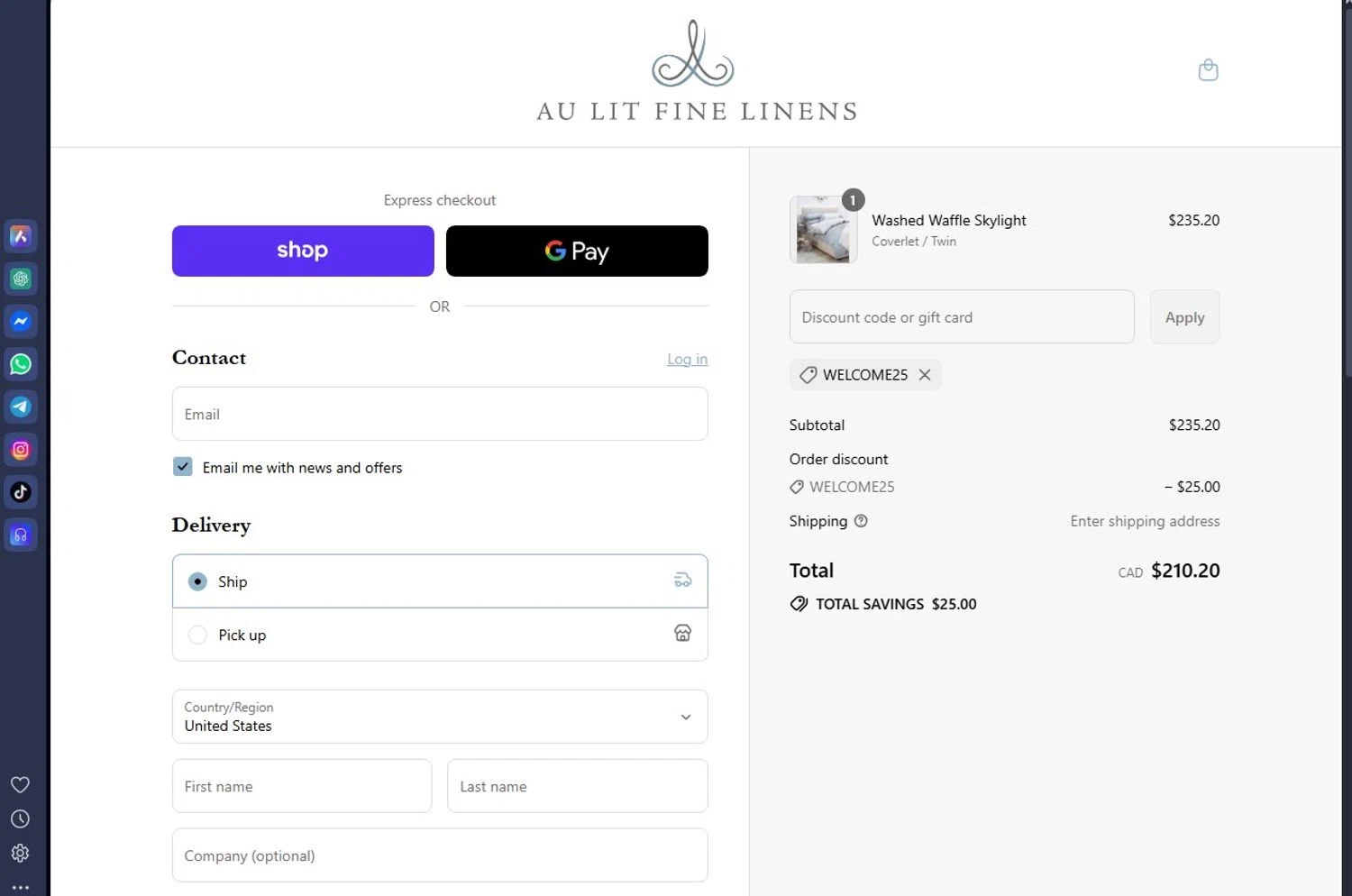 Au Lit Fine Linens discount code screenshot showing code WELCOME25 applied at Au Lit Fine Linens checkout page. Uploaded by SimplyCodes community member andrescarreraborges on Aug 31, 2025