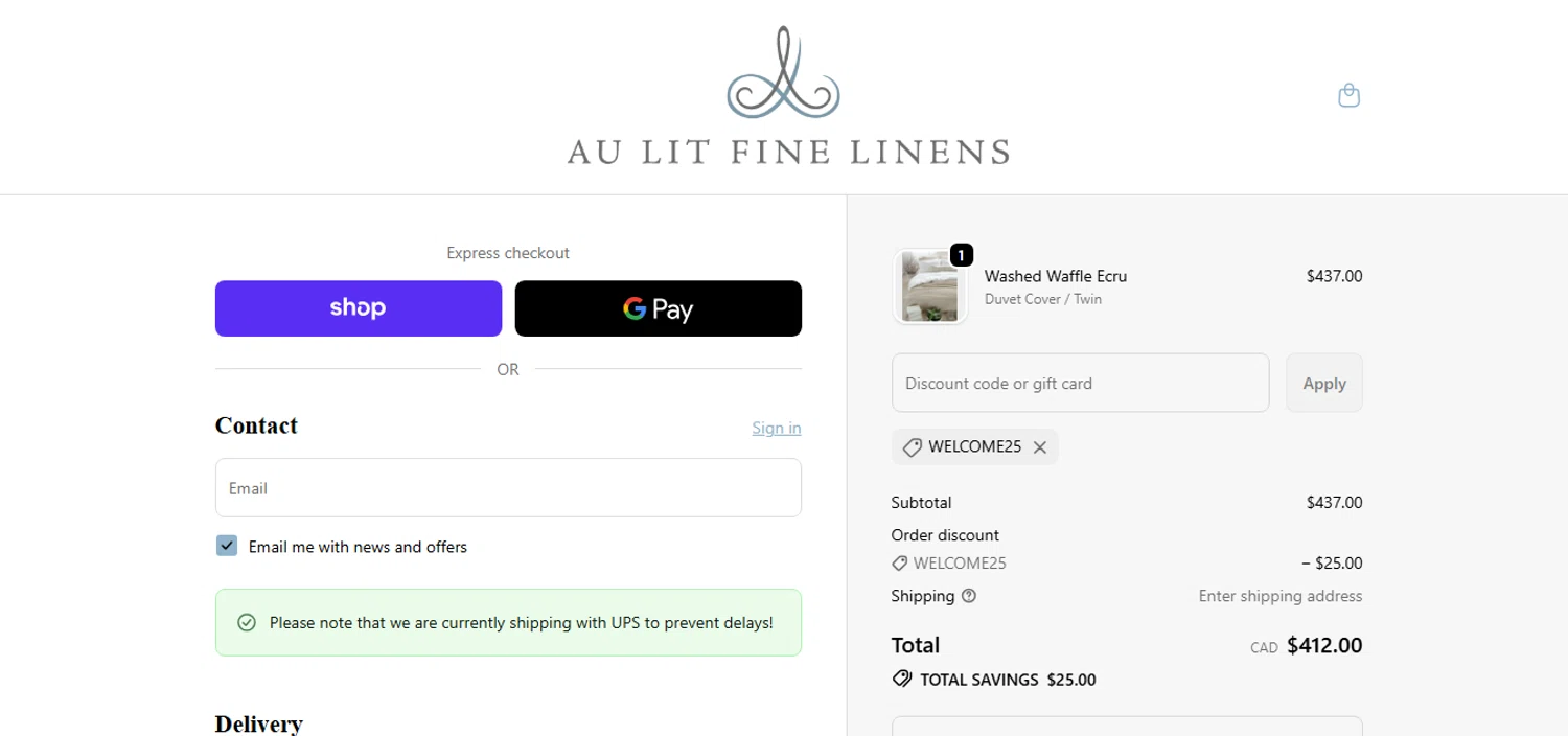 Au Lit Fine Linens discount code screenshot showing code WELCOME25 applied at Au Lit Fine Linens checkout page. Uploaded by SimplyCodes community member xHRxUltrax on Nov 3, 2025