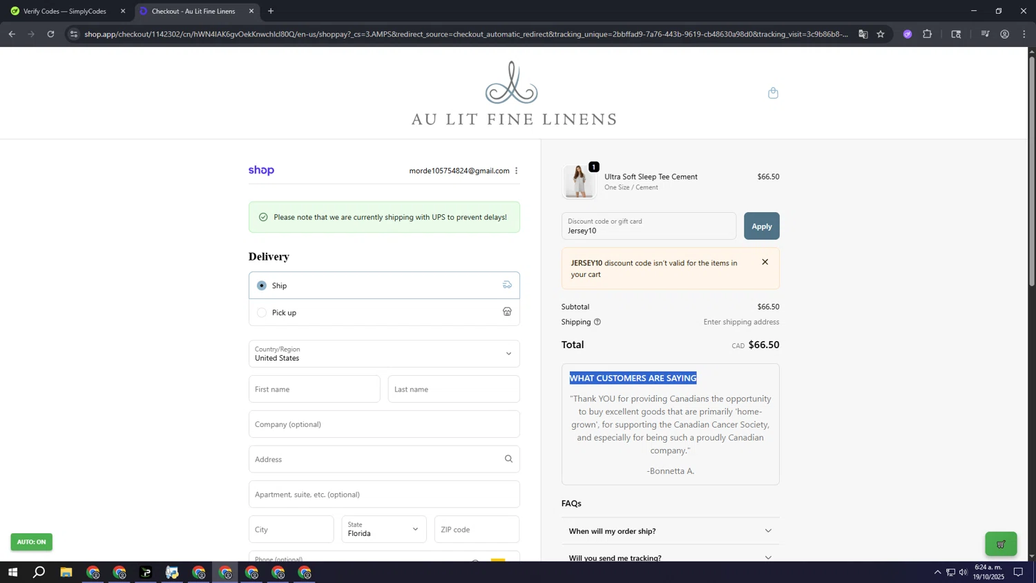 Au Lit Fine Linens discount code screenshot showing code Jersey10 applied at Au Lit Fine Linens checkout page. Uploaded by SimplyCodes community member qqqqqqqqqqqqq on Oct 19, 2025