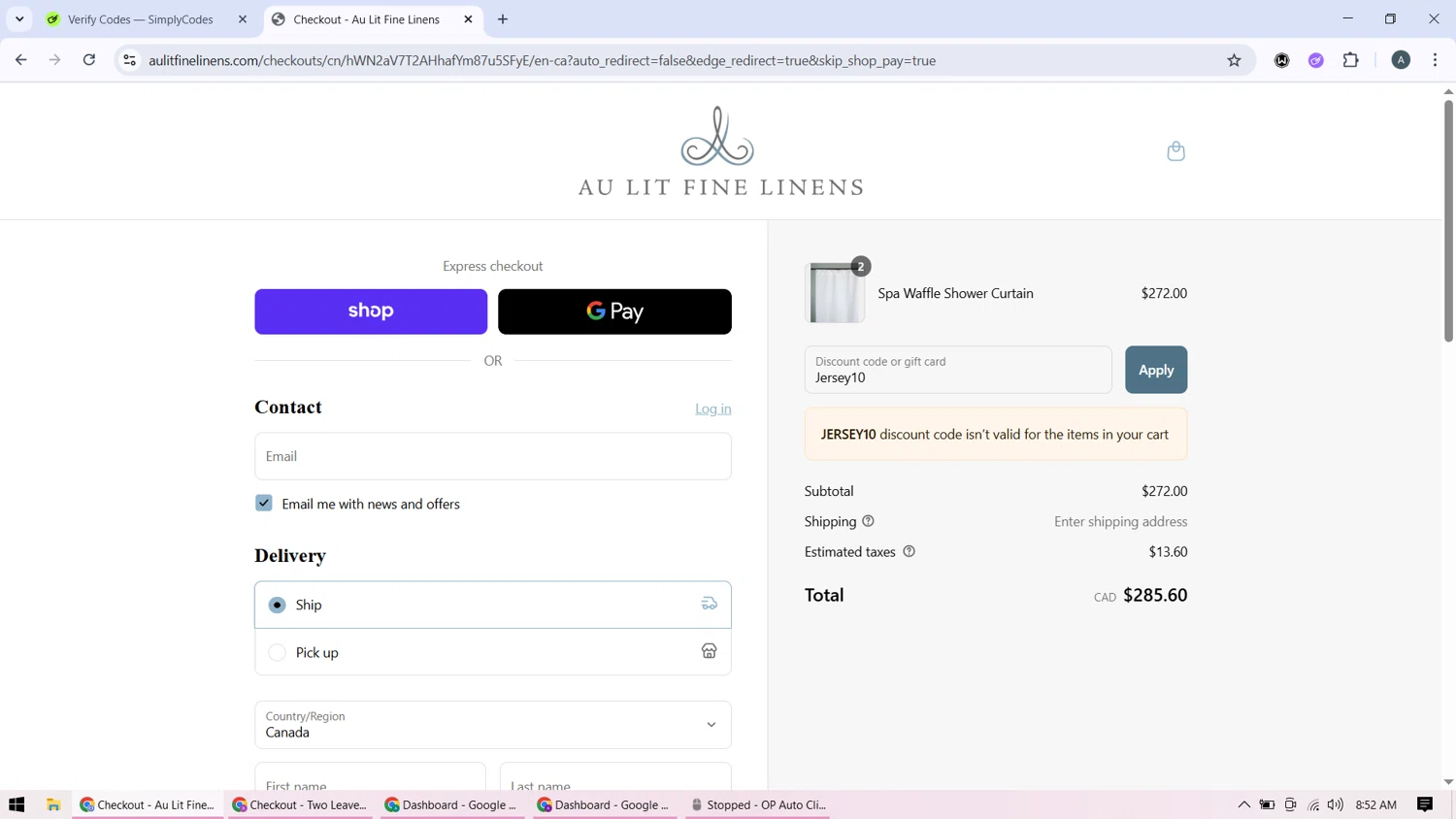 Au Lit Fine Linens discount code screenshot showing code Jersey10 applied at Au Lit Fine Linens checkout page. Uploaded by SimplyCodes community member BonusMonarch7015 on Sep 4, 2025
