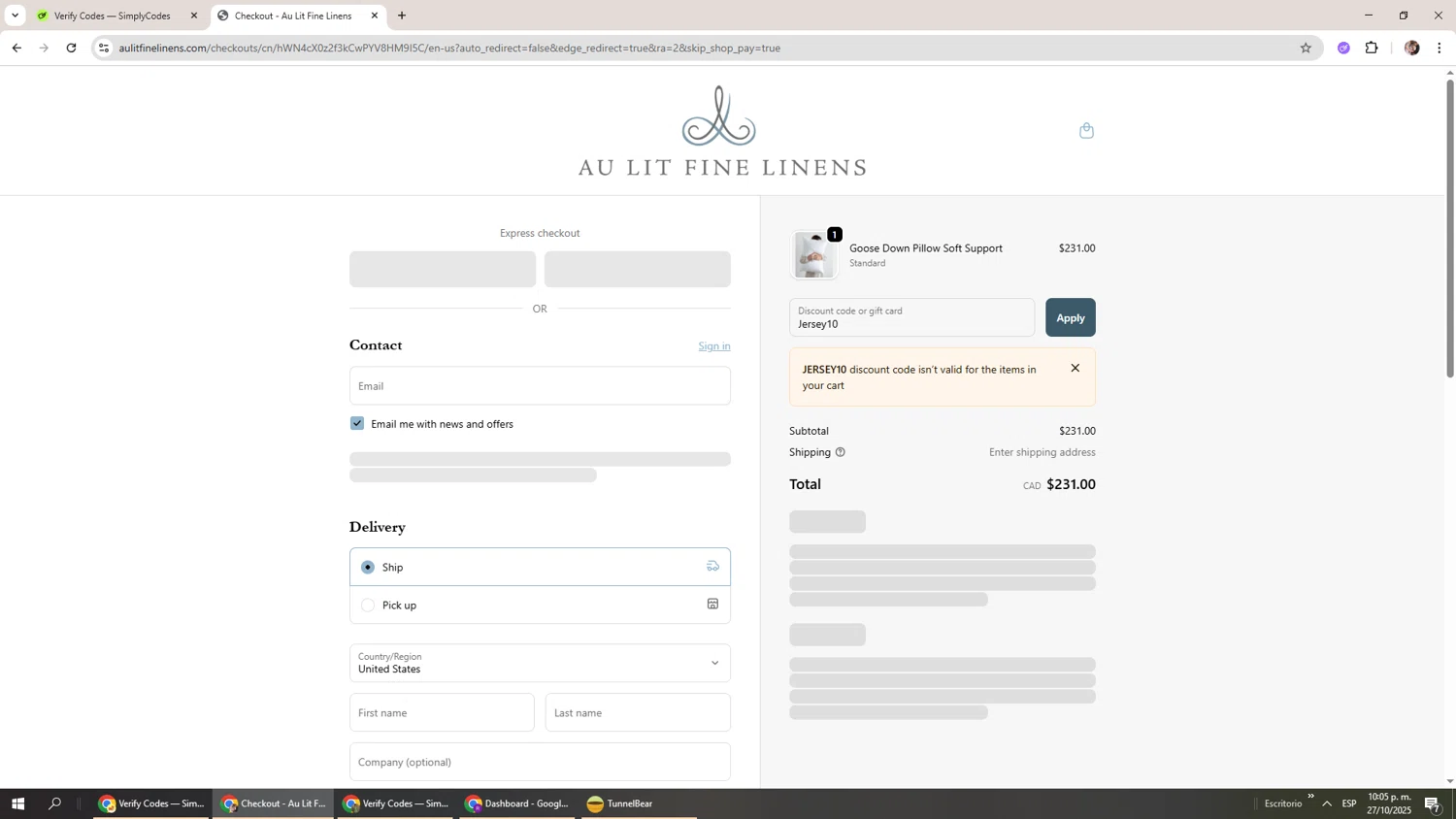 Au Lit Fine Linens discount code screenshot showing code Jersey10 applied at Au Lit Fine Linens checkout page. Uploaded by SimplyCodes community member Levi_Ackerman on Oct 28, 2025