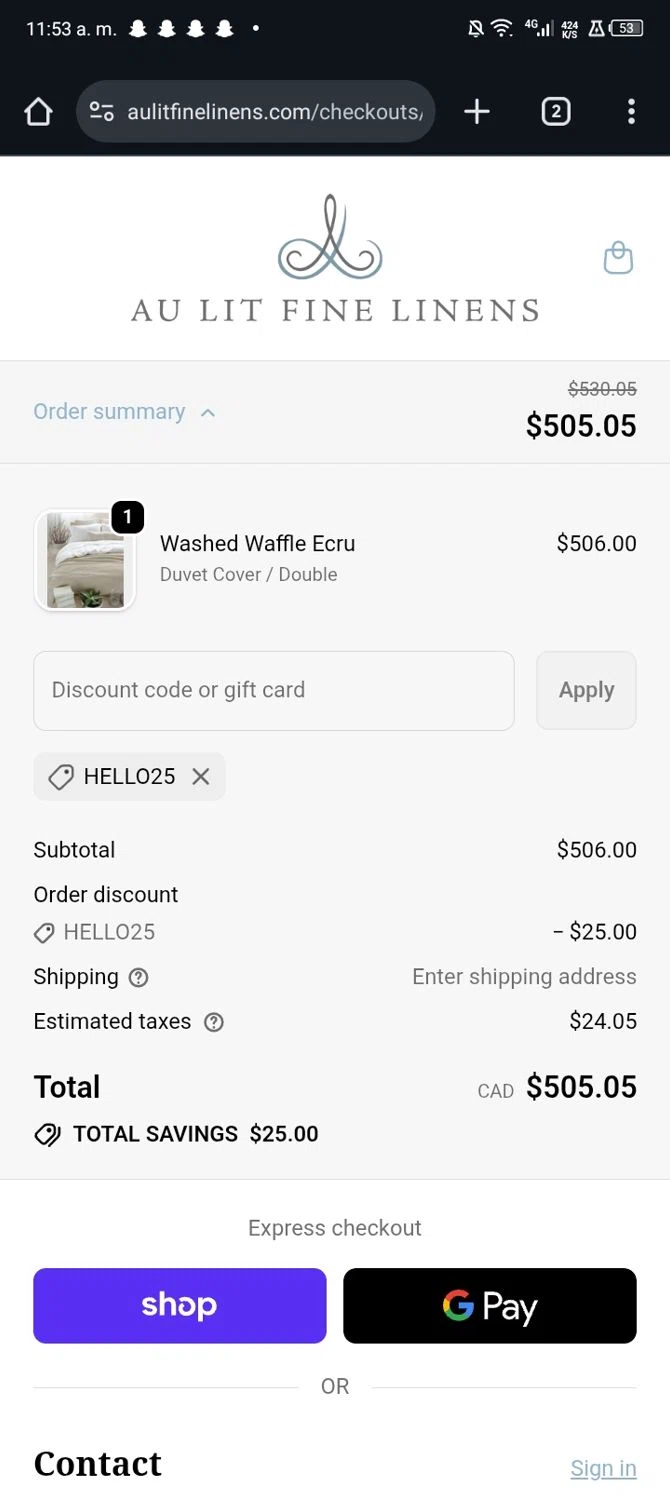 Au Lit Fine Linens discount code screenshot showing code hello25 applied at Au Lit Fine Linens checkout page. Uploaded by SimplyCodes community member Sasuk3 on Oct 7, 2025