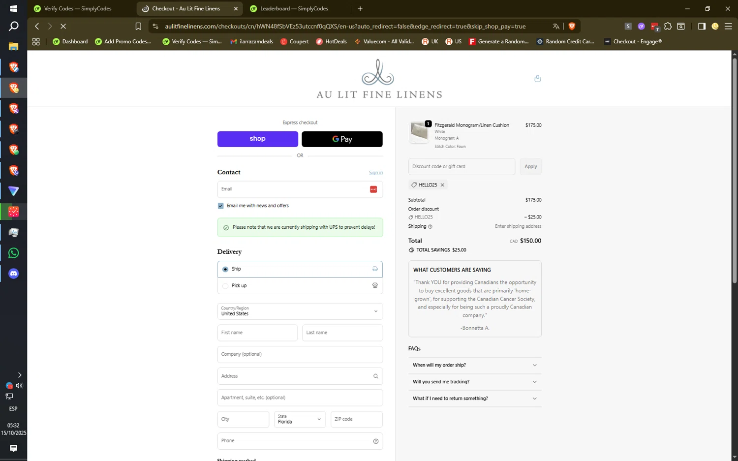 Au Lit Fine Linens discount code screenshot showing code hello25 applied at Au Lit Fine Linens checkout page. Uploaded by SimplyCodes community member ilarrazaM6 on Oct 15, 2025