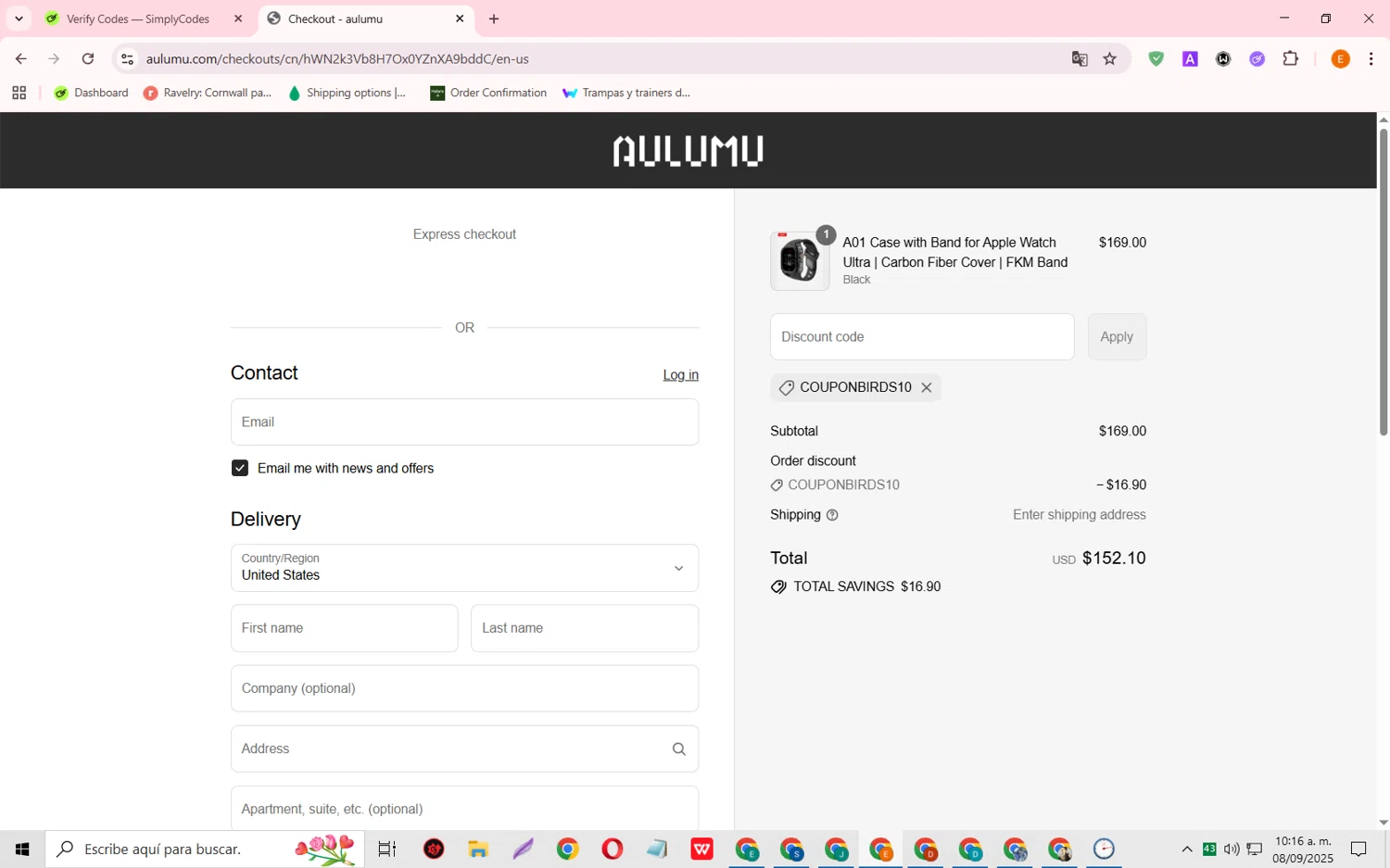 AULUMU discount code screenshot showing code COUPONBIRDS10 applied at AULUMU checkout page. Uploaded by SimplyCodes community member RewardFalcon3197 on Sep 8, 2025