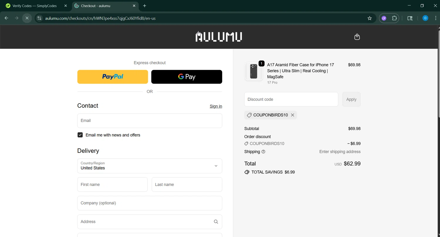 AULUMU discount code screenshot showing code COUPONBIRDS10 applied at AULUMU checkout page. Uploaded by SimplyCodes community member RoyalSage9159 on Oct 7, 2025