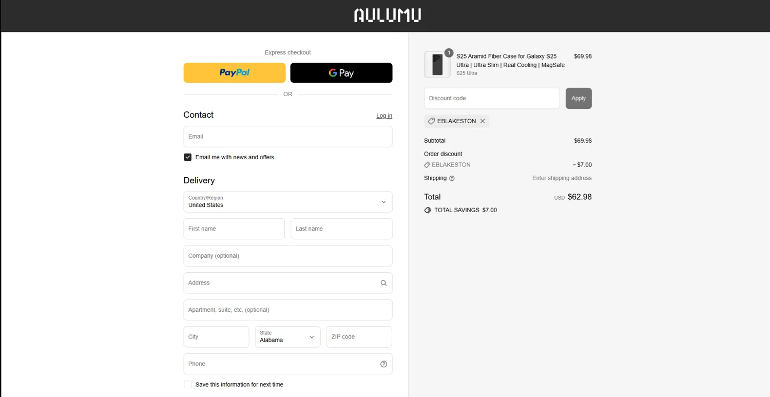 AULUMU discount code screenshot showing code EBLAKESTON applied at AULUMU checkout page. Uploaded by SimplyCodes community member WonderGuardian4443 on Jul 10, 2025
