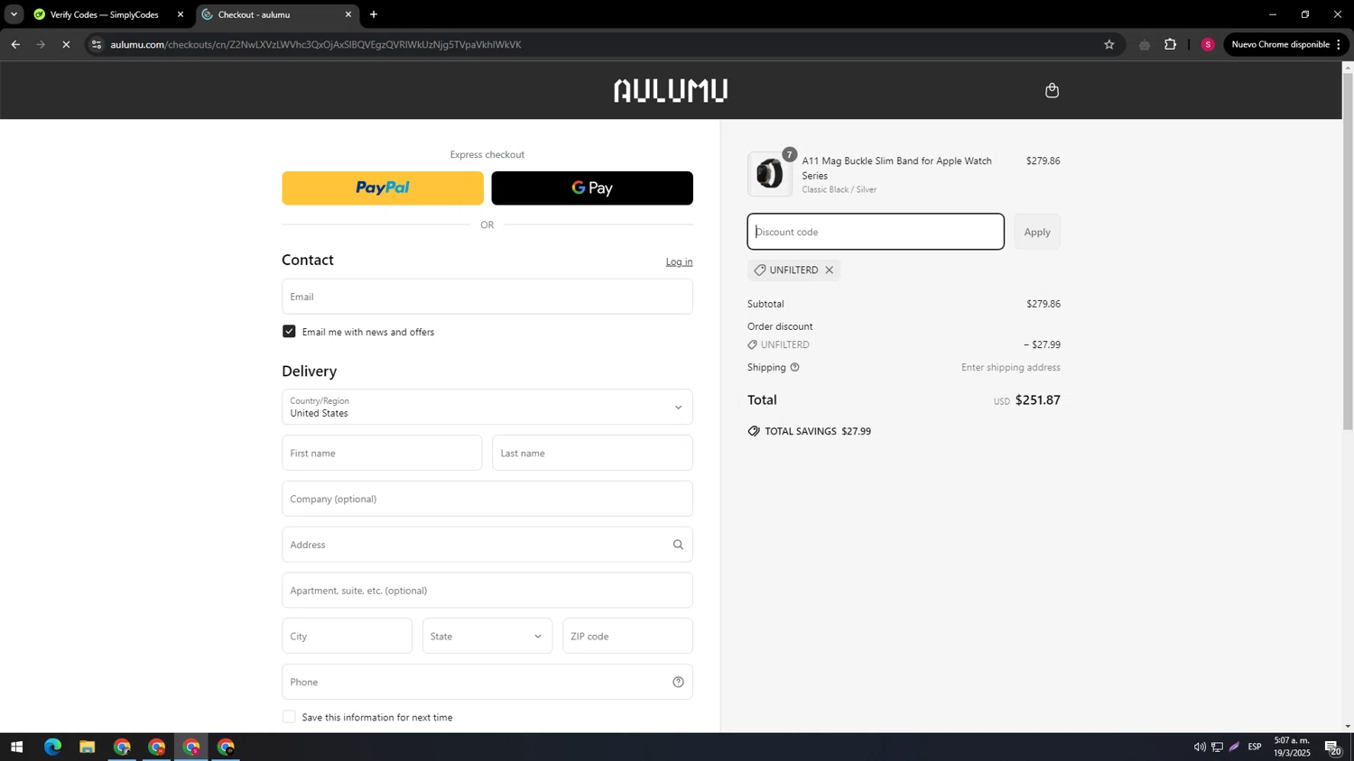 AULUMU discount code screenshot showing code UNFILTERD applied at AULUMU checkout page. Uploaded by SimplyCodes community member 789456 on Mar 19, 2025
