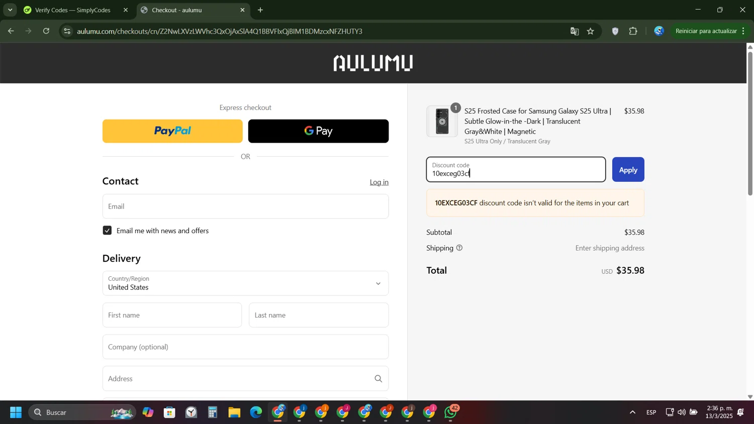 AULUMU discount code screenshot showing code 10exceg03cf applied at AULUMU checkout page. Uploaded by SimplyCodes community member FernandoLetex on Mar 13, 2025