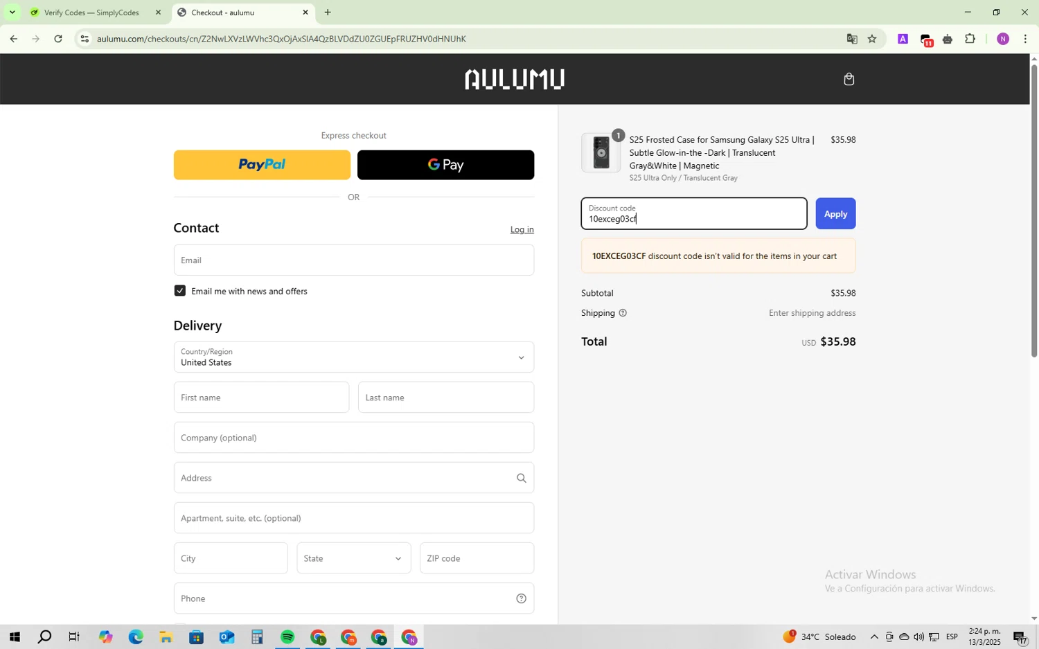 AULUMU discount code screenshot showing code 10exceg03cf applied at AULUMU checkout page. Uploaded by SimplyCodes community member BudgetScout7977 on Mar 13, 2025