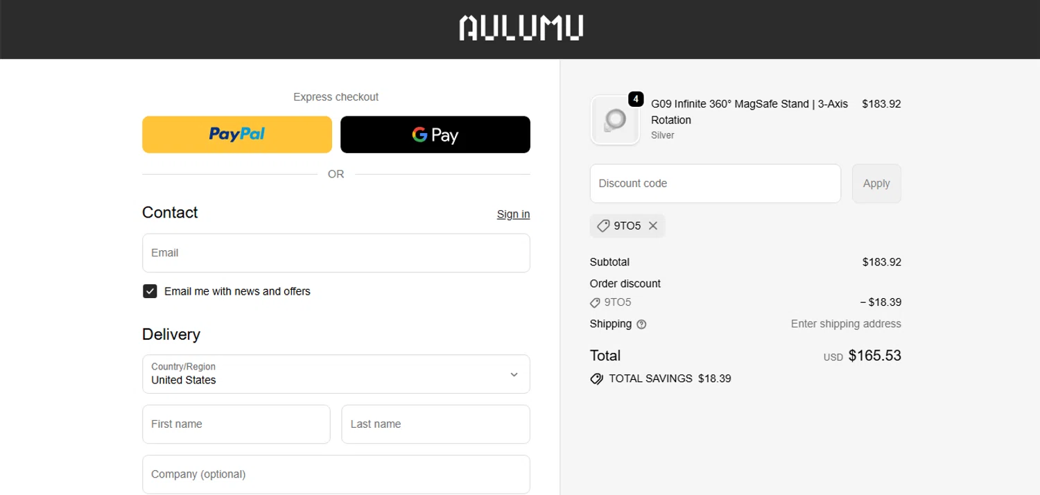 AULUMU discount code screenshot showing code 9to5 applied at AULUMU checkout page. Uploaded by SimplyCodes community member CashAce9852 on Oct 27, 2025