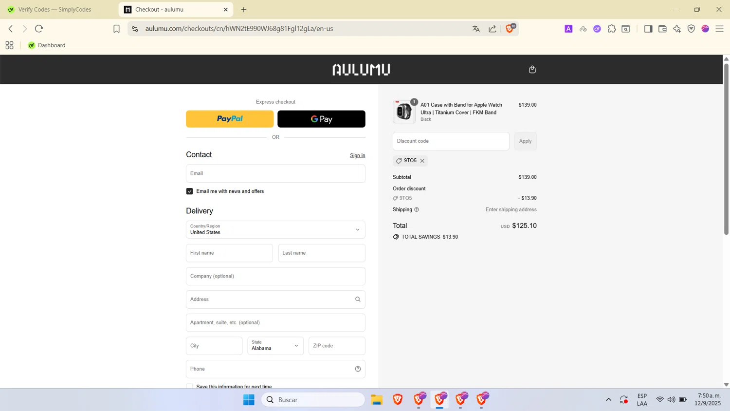 AULUMU discount code screenshot showing code 9to5 applied at AULUMU checkout page. Uploaded by SimplyCodes community member SwiftTracker9305 on Sep 12, 2025