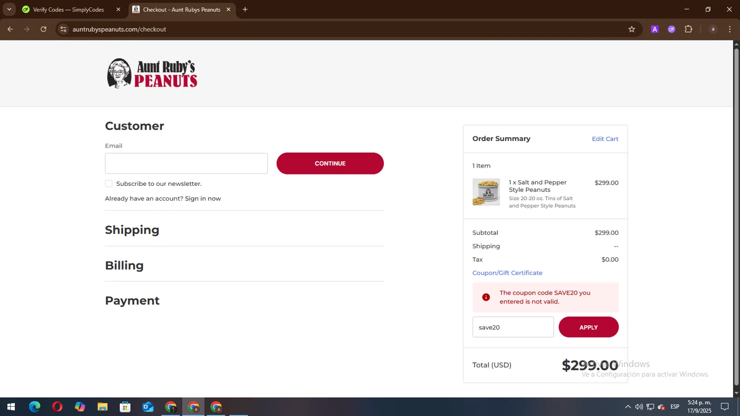 Aunt Ruby's Peanuts promo code screenshot showing code save20 applied at Aunt Ruby's Peanuts checkout page. Uploaded by SimplyCodes community member lisandro on Sep 17, 2025