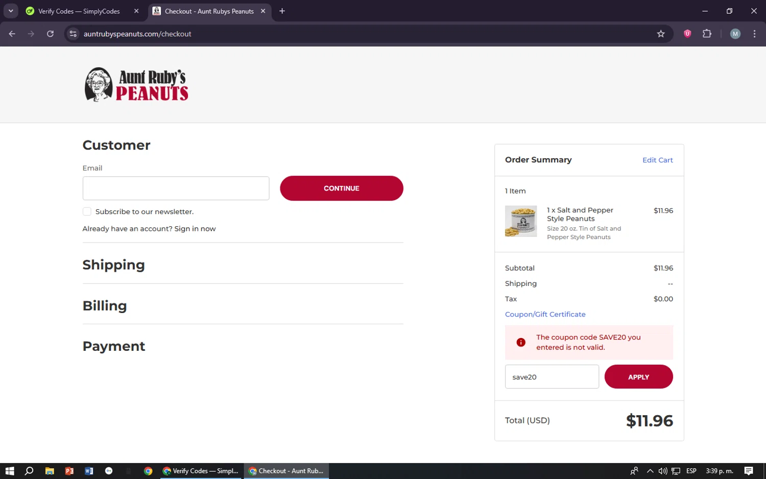 Aunt Ruby's Peanuts promo code screenshot showing code save20 applied at Aunt Ruby's Peanuts checkout page. Uploaded by SimplyCodes community member maraxo on Sep 17, 2025