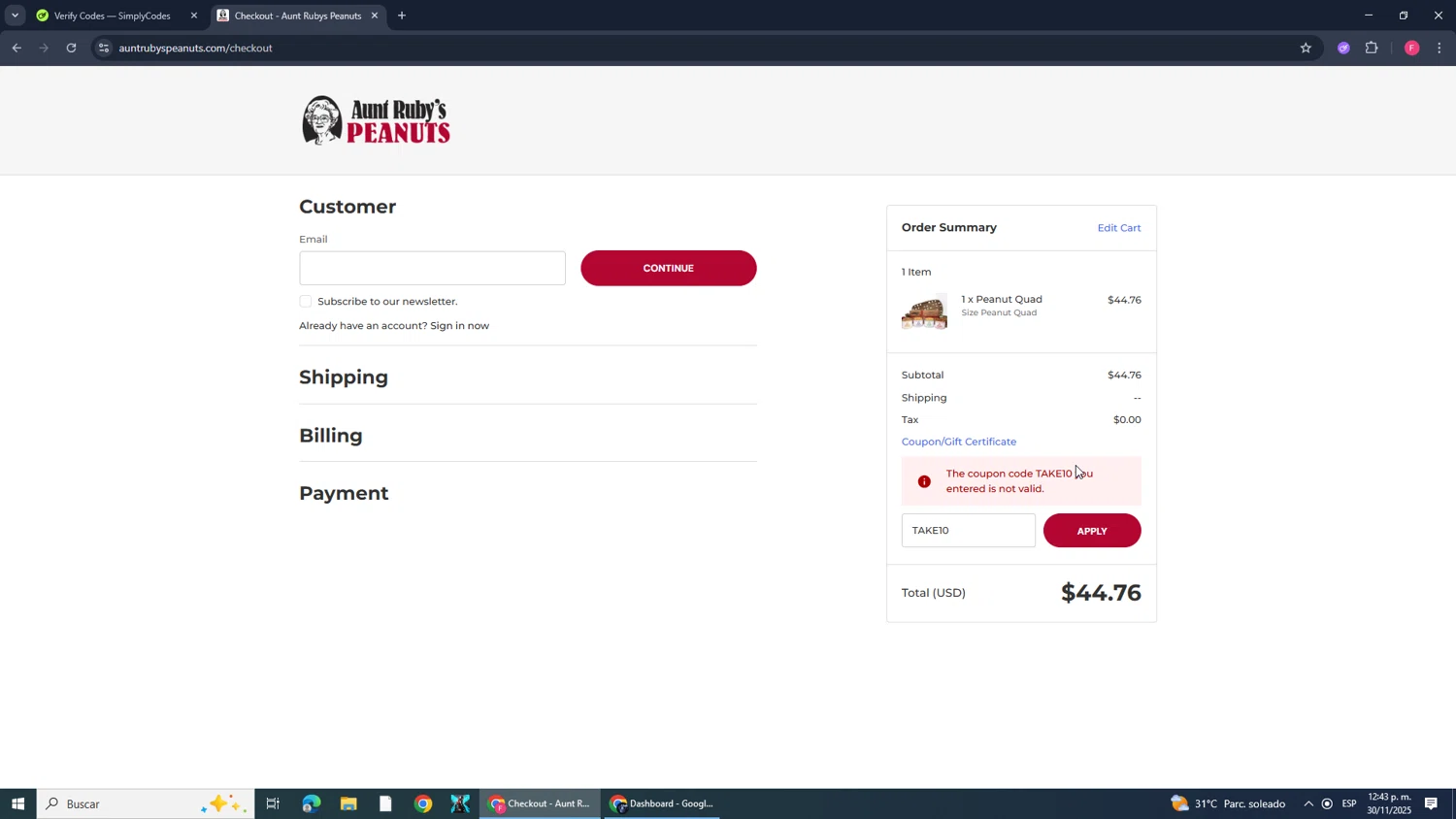 Aunt Ruby's Peanuts promo code screenshot showing code TAKE10 applied at Aunt Ruby's Peanuts checkout page. Uploaded by SimplyCodes community member CleverMonarch1744 on Nov 30, 2025