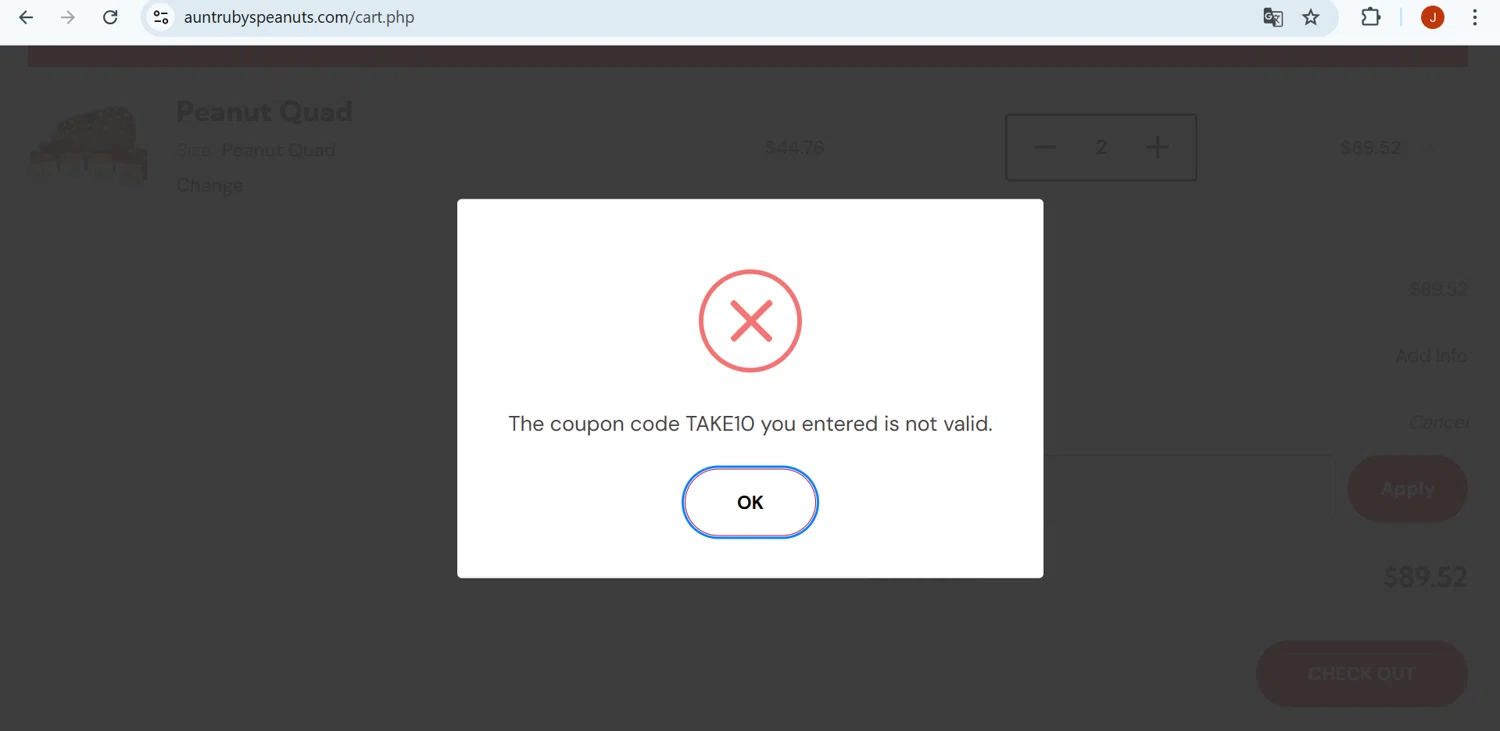 Aunt Ruby's Peanuts promo code screenshot showing code TAKE10 applied at Aunt Ruby's Peanuts checkout page. Uploaded by SimplyCodes community member Mr_fran on Nov 30, 2025