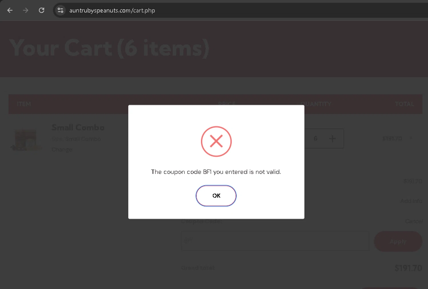 Aunt Ruby's Peanuts promo code screenshot showing code BF1 applied at Aunt Ruby's Peanuts checkout page. Uploaded by SimplyCodes community member BonusPro7395 on Nov 30, 2025