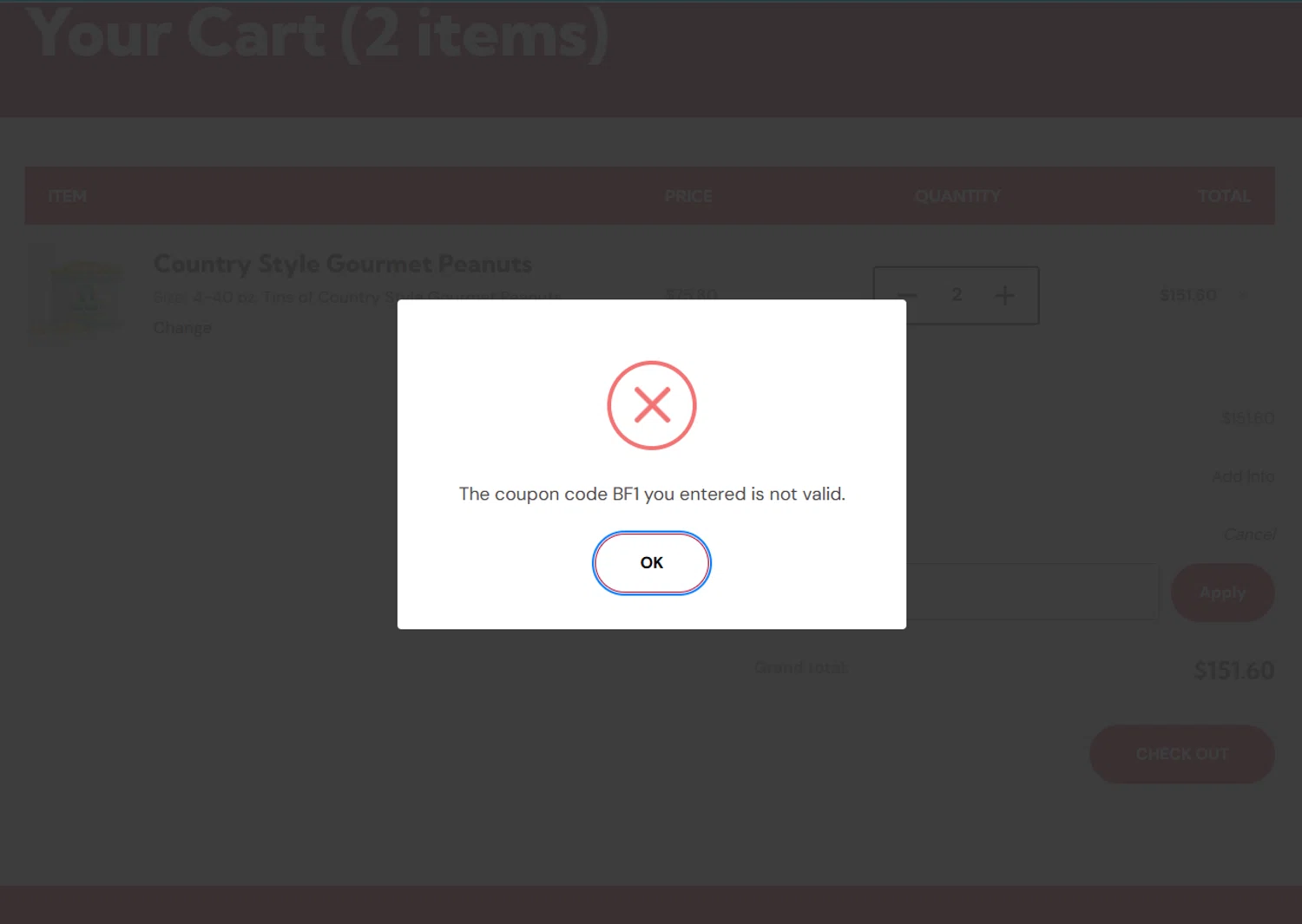 Aunt Ruby's Peanuts promo code screenshot showing code BF1 applied at Aunt Ruby's Peanuts checkout page. Uploaded by SimplyCodes community member MagnificentFalcon188 on Nov 30, 2025