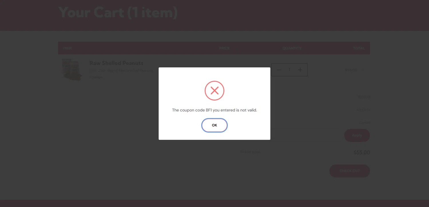 Aunt Ruby's Peanuts promo code screenshot showing code BF1 applied at Aunt Ruby's Peanuts checkout page. Uploaded by SimplyCodes community member PennyRanger8219 on Nov 30, 2025