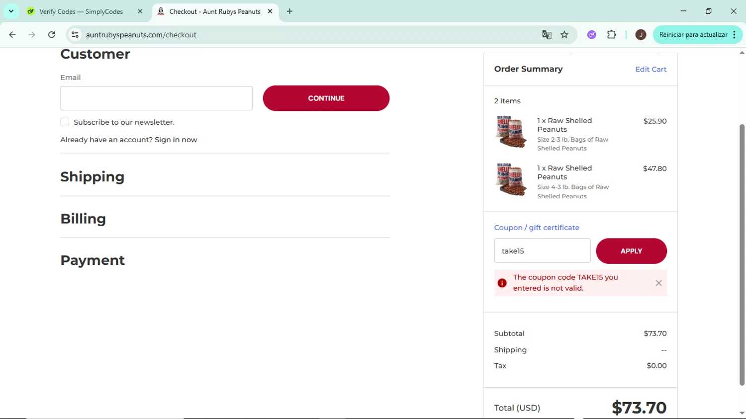 Aunt Ruby's Peanuts promo code screenshot showing code take15 applied at Aunt Ruby's Peanuts checkout page. Uploaded by SimplyCodes community member LegendaryAce8627 on Jan 26, 2026