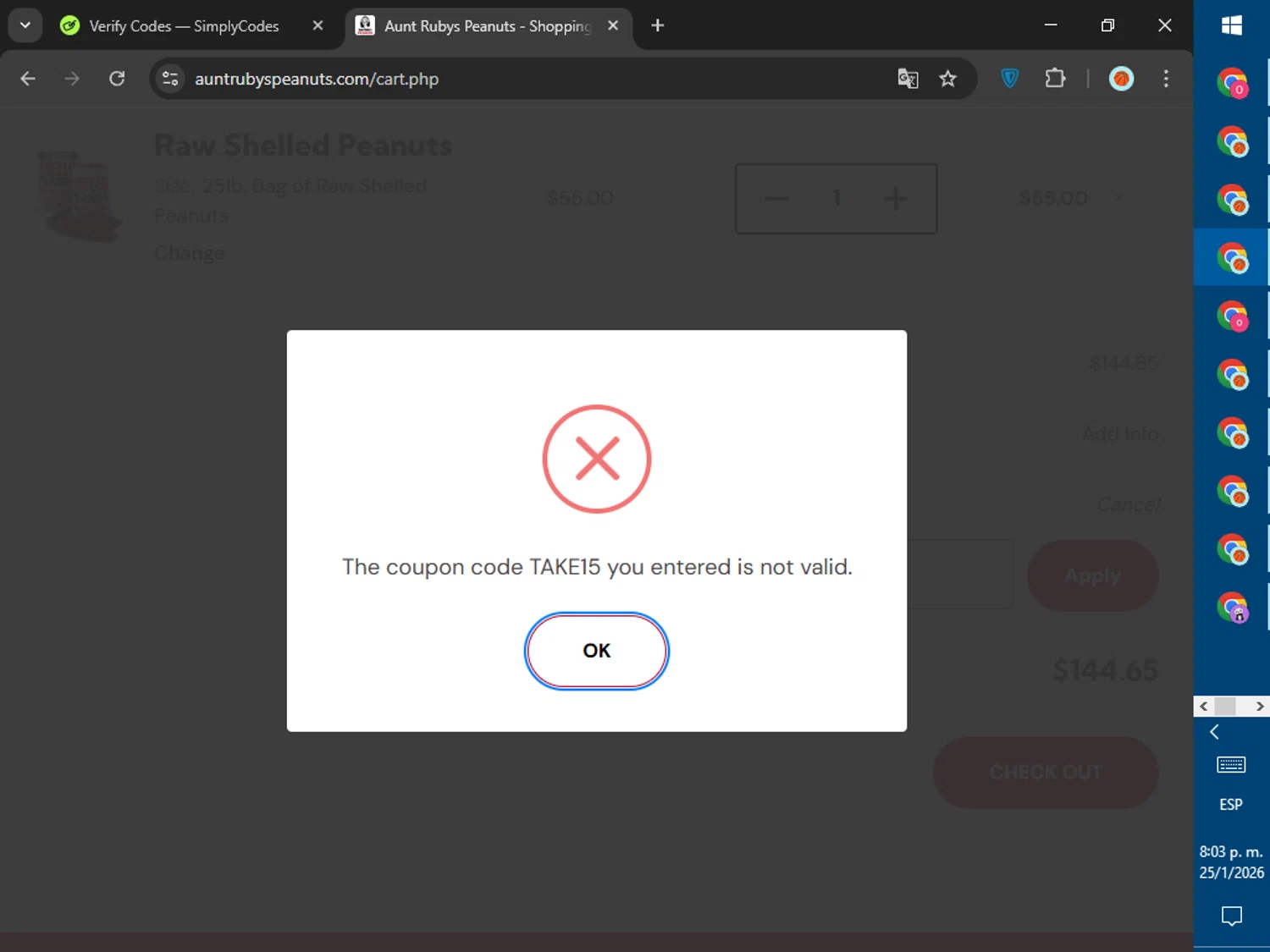 Aunt Ruby's Peanuts promo code screenshot showing code take15 applied at Aunt Ruby's Peanuts checkout page. Uploaded by SimplyCodes community member SalePhoenix823 on Jan 26, 2026