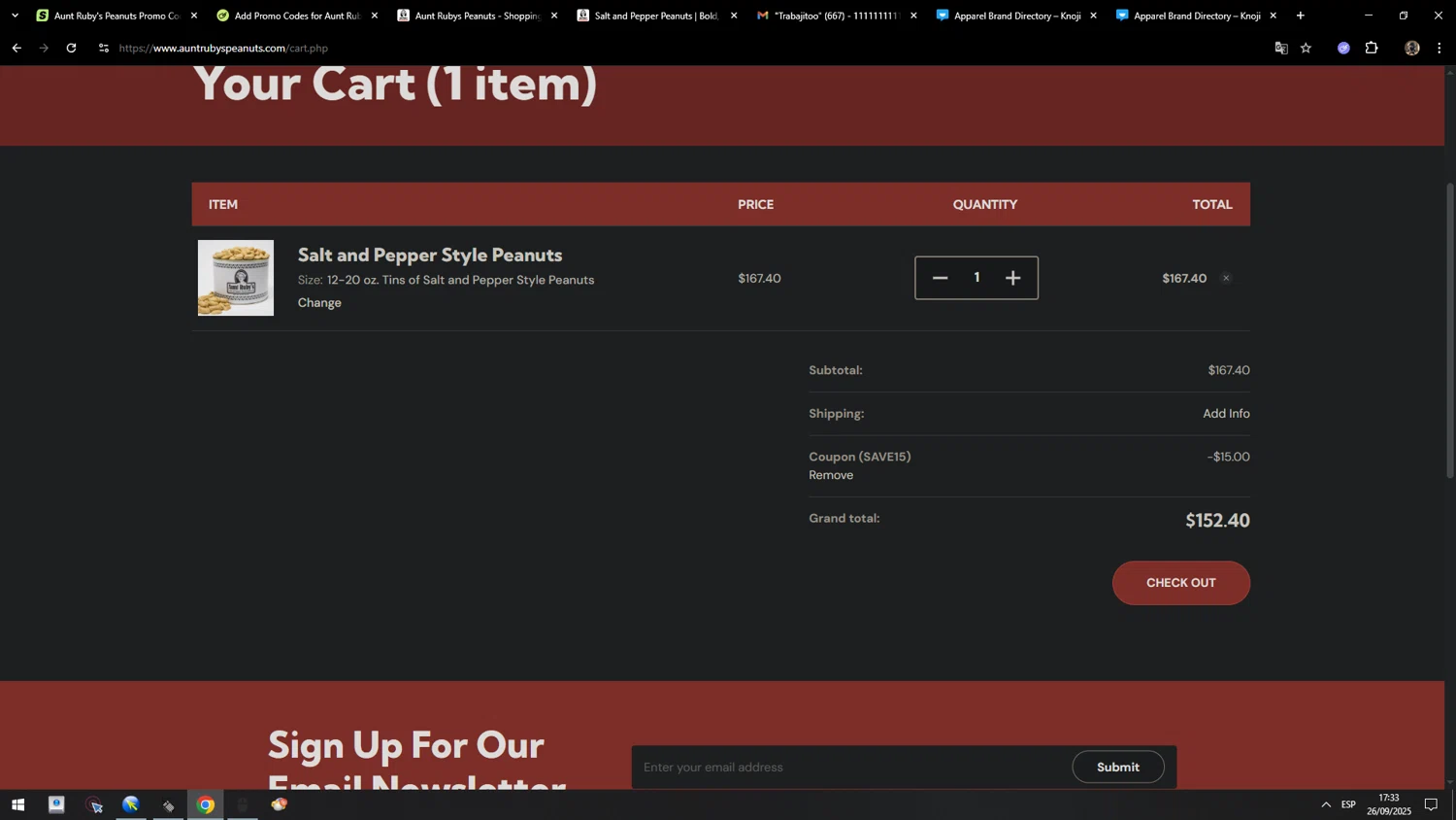 Aunt Ruby's Peanuts promo code screenshot showing code SAVE15 applied at Aunt Ruby's Peanuts checkout page. Uploaded by SimplyCodes community member MarcosAranguren on Sep 26, 2025