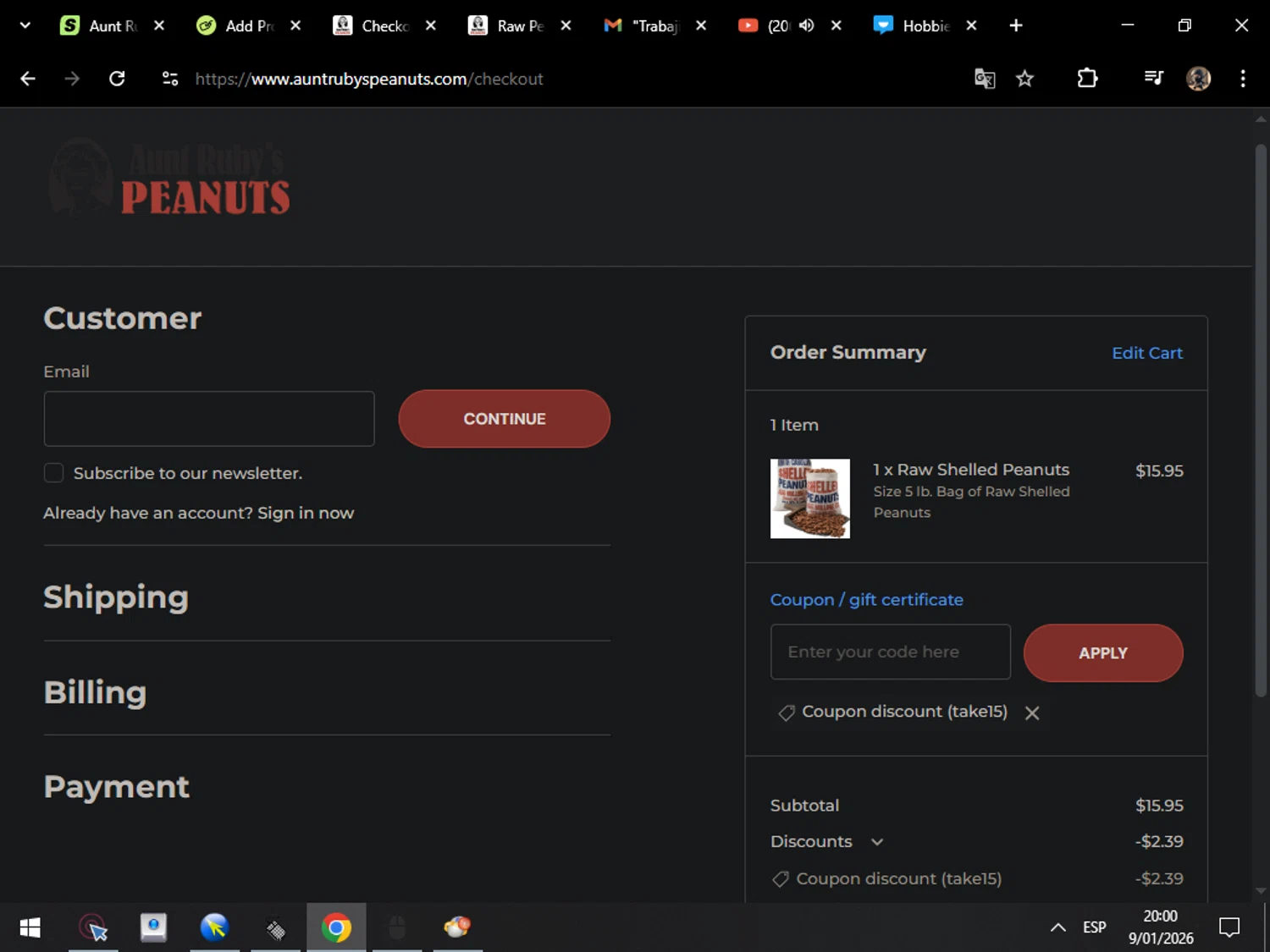Aunt Ruby's Peanuts promo code screenshot showing code take15 applied at Aunt Ruby's Peanuts checkout page. Uploaded by SimplyCodes community member MarcosAranguren on Jan 10, 2026