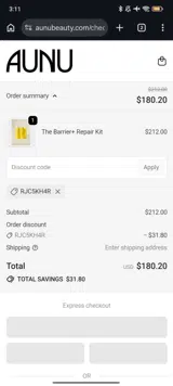 Aunubeauty.com coupon verification screenshot