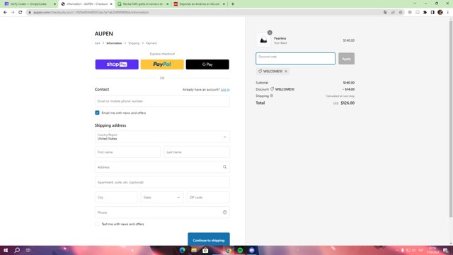 AUPEN checkout page showing AUPEN discount code box | Screenshot taken by SimplyCodes community member on Jun 21, 2023