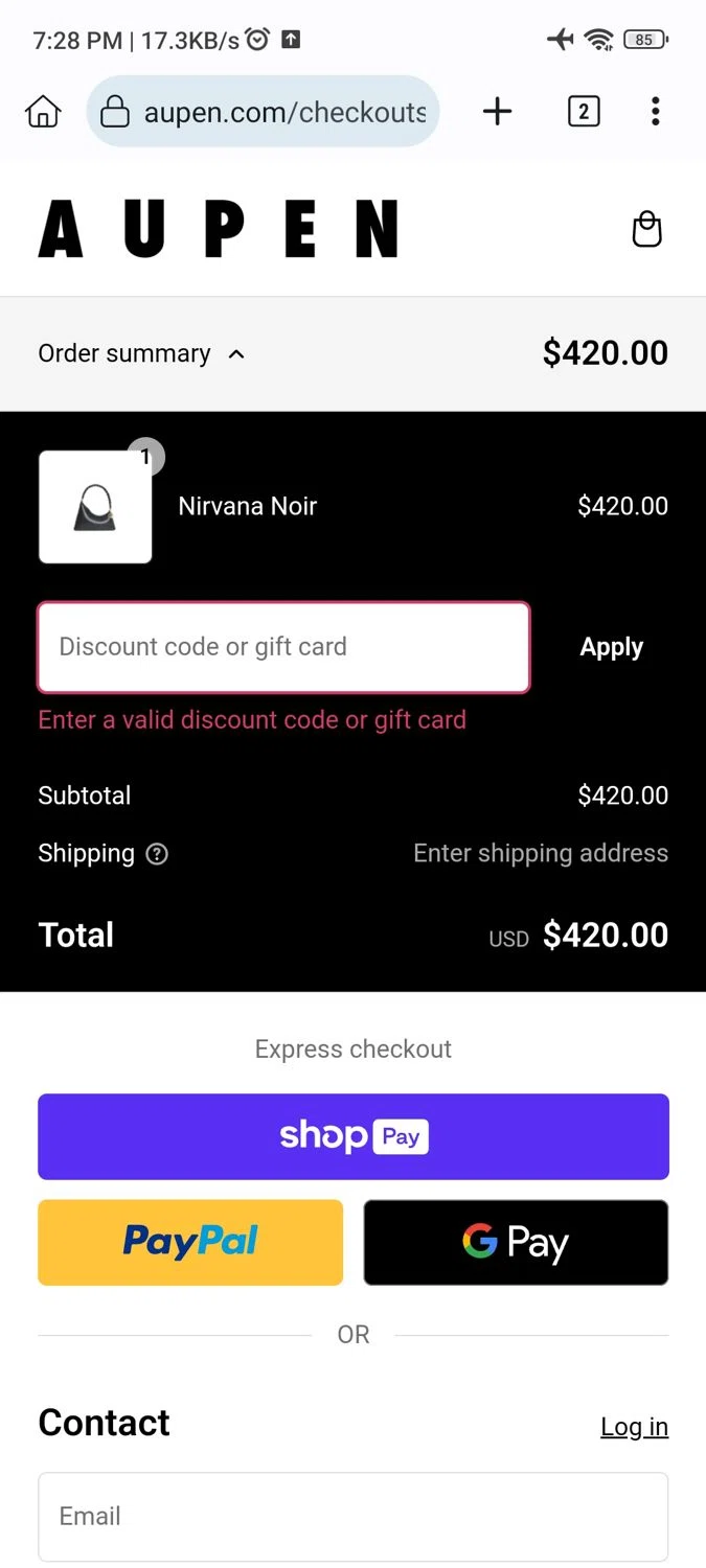 AUPEN discount code screenshot showing code AUPEN10 applied at AUPEN checkout page. Uploaded by SimplyCodes community member _____________ on Dec 27, 2024