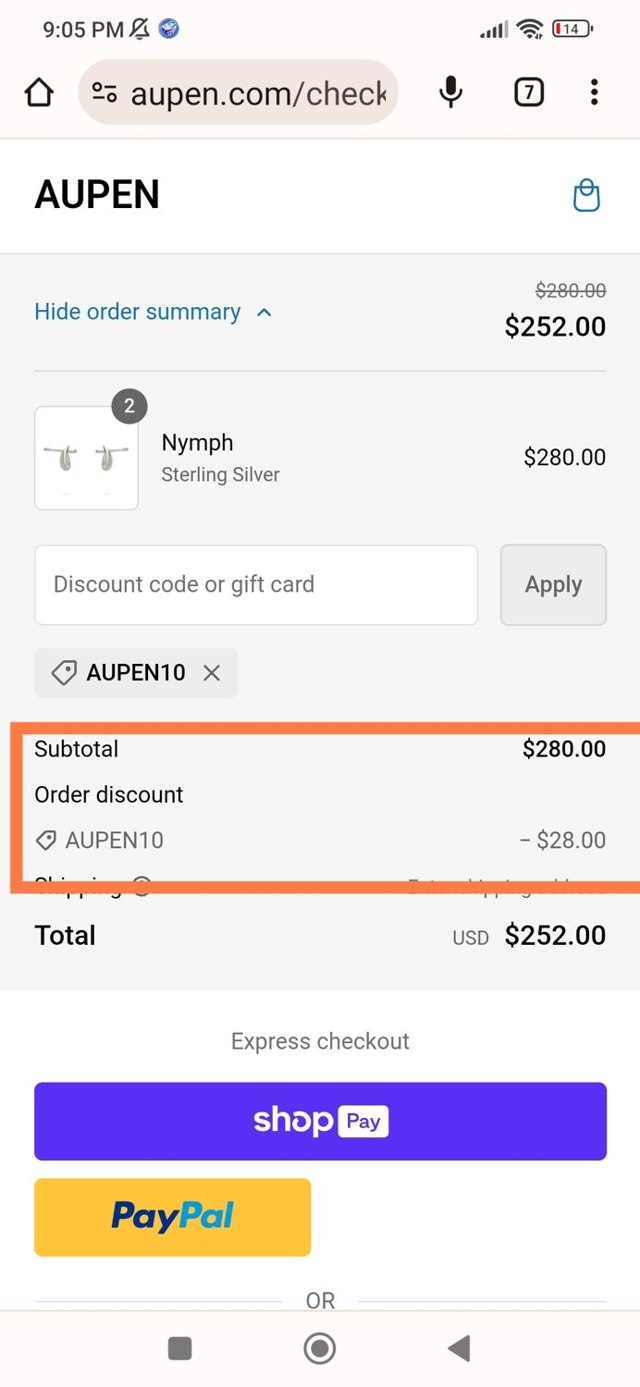 AUPEN checkout page showing AUPEN discount code box | Screenshot taken by SimplyCodes community member on Nov 20, 2023