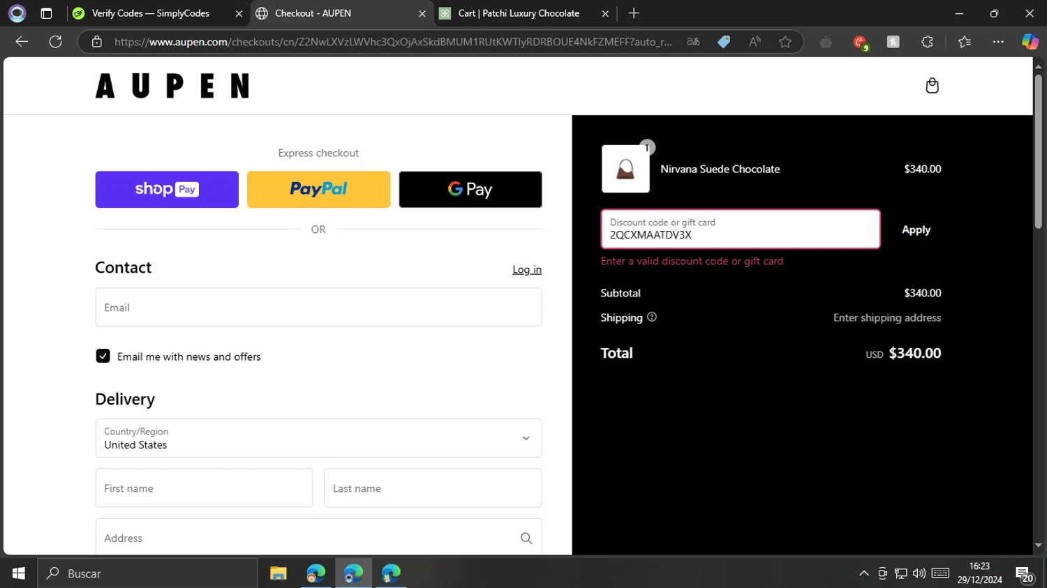 AUPEN discount code screenshot showing code 2QCXMAATDV3X applied at AUPEN checkout page. Uploaded by SimplyCodes community member NobleHunter6751 on Dec 29, 2024