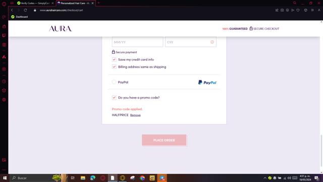 Aura checkout page showing Aura discount code box | Screenshot taken by SimplyCodes community member on May 18, 2024