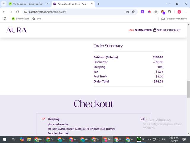 Aura checkout page showing Aura discount code box | Screenshot taken by SimplyCodes community member on Mar 1, 2025