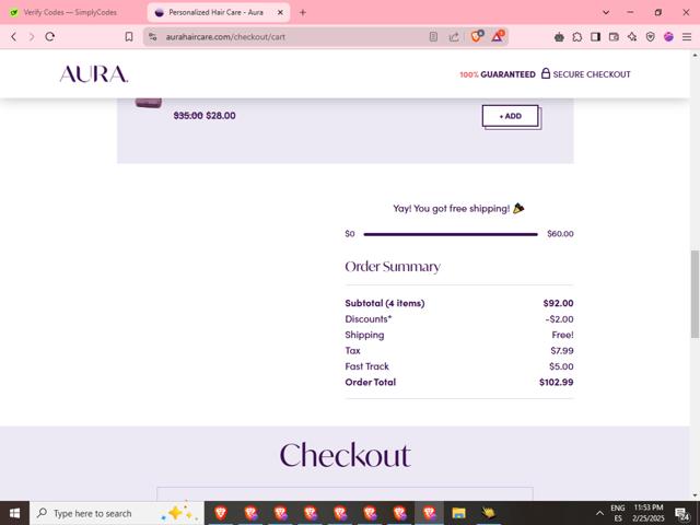 Aura checkout page showing Aura discount code box | Screenshot taken by SimplyCodes community member on Feb 26, 2025