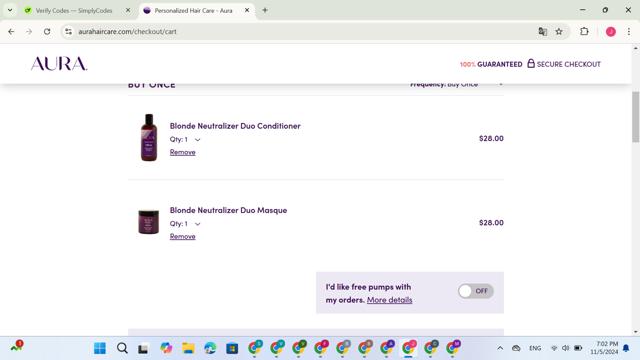 Aura checkout page showing Aura discount code box | Screenshot taken by SimplyCodes community member on Nov 5, 2024