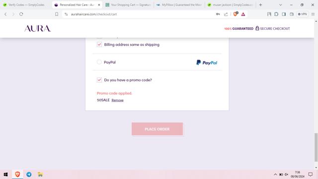 Aura checkout page showing Aura discount code box | Screenshot taken by SimplyCodes community member on Jun 8, 2024