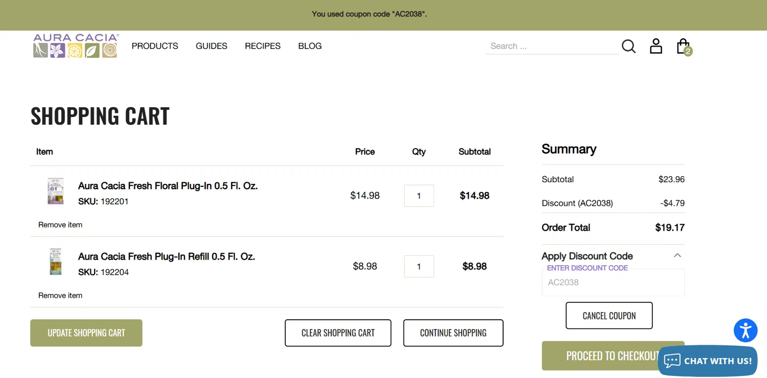 Aura Cacia coupon code screenshot showing code AC2038 applied at Aura Cacia checkout page. Uploaded by SimplyCodes community member ArizaJuan on Feb 24, 2025