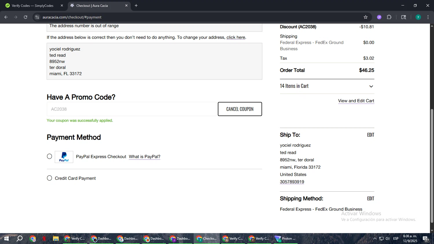 Aura Cacia coupon code screenshot showing code AC2038 applied at Aura Cacia checkout page. Uploaded by SimplyCodes community member FrugalCaptain6906 on Sep 12, 2025