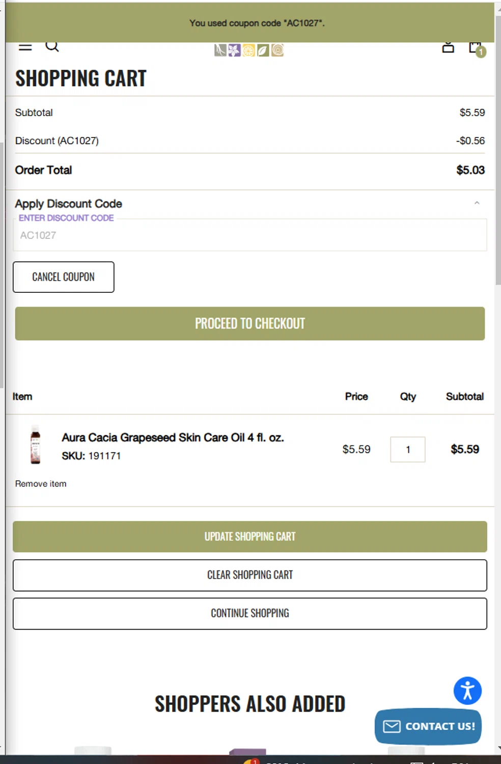 Aura Cacia coupon code screenshot showing code AC1027 applied at Aura Cacia checkout page. Uploaded by SimplyCodes community member Franyer12 on Feb 3, 2025