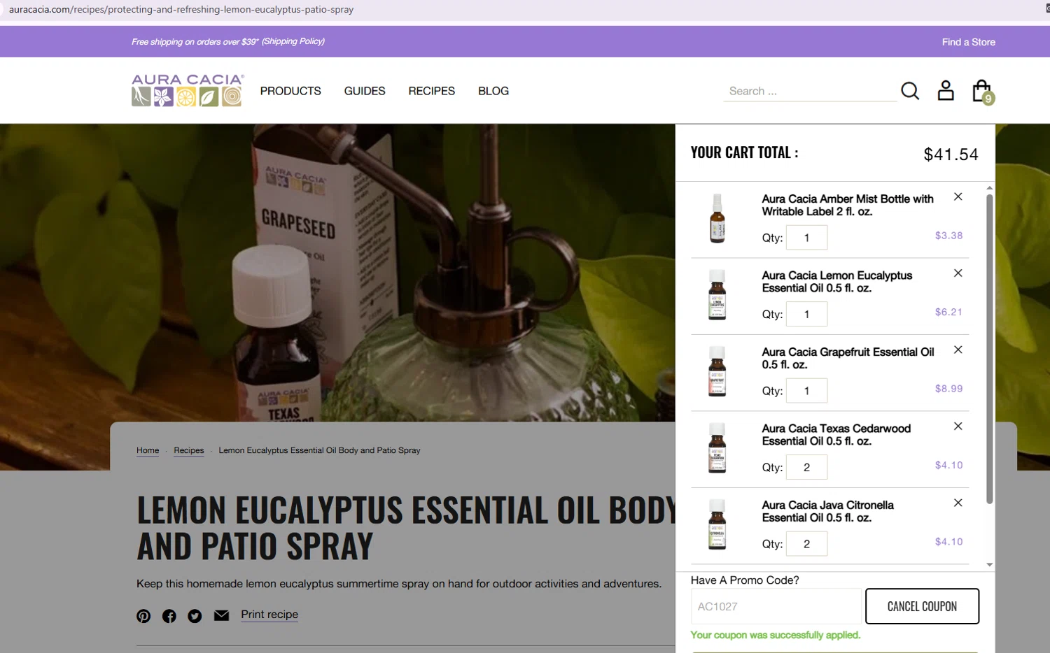 Aura Cacia coupon code screenshot showing code AC1027 applied at Aura Cacia checkout page. Uploaded by SimplyCodes community member ivanguere on Aug 22, 2025