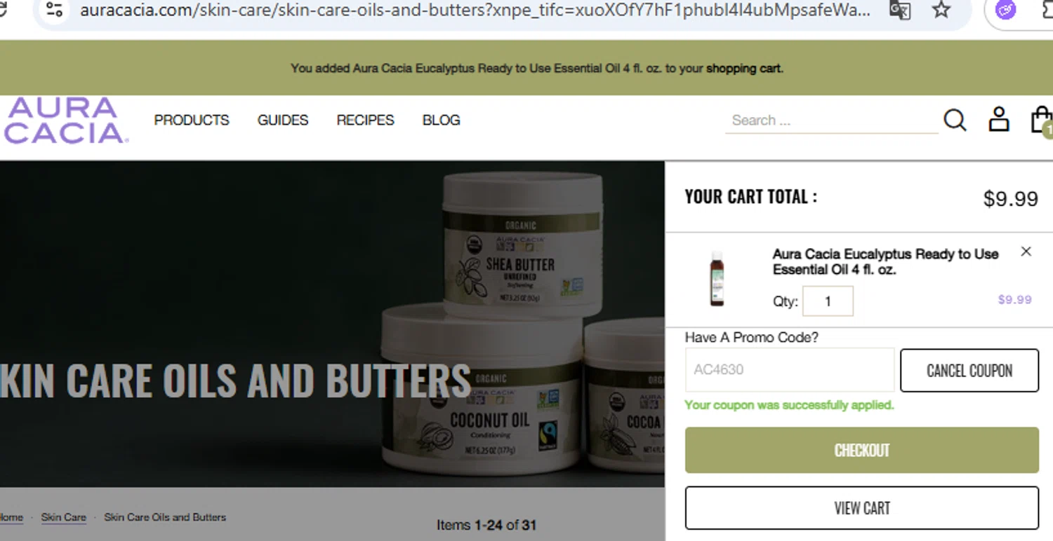 Aura Cacia checkout page showing Aura Cacia coupon code box | Screenshot taken by SimplyCodes community member on Feb 9, 2026