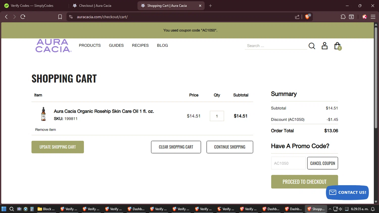 Aura Cacia checkout page showing Aura Cacia coupon code box | Screenshot taken by SimplyCodes community member on Feb 4, 2026