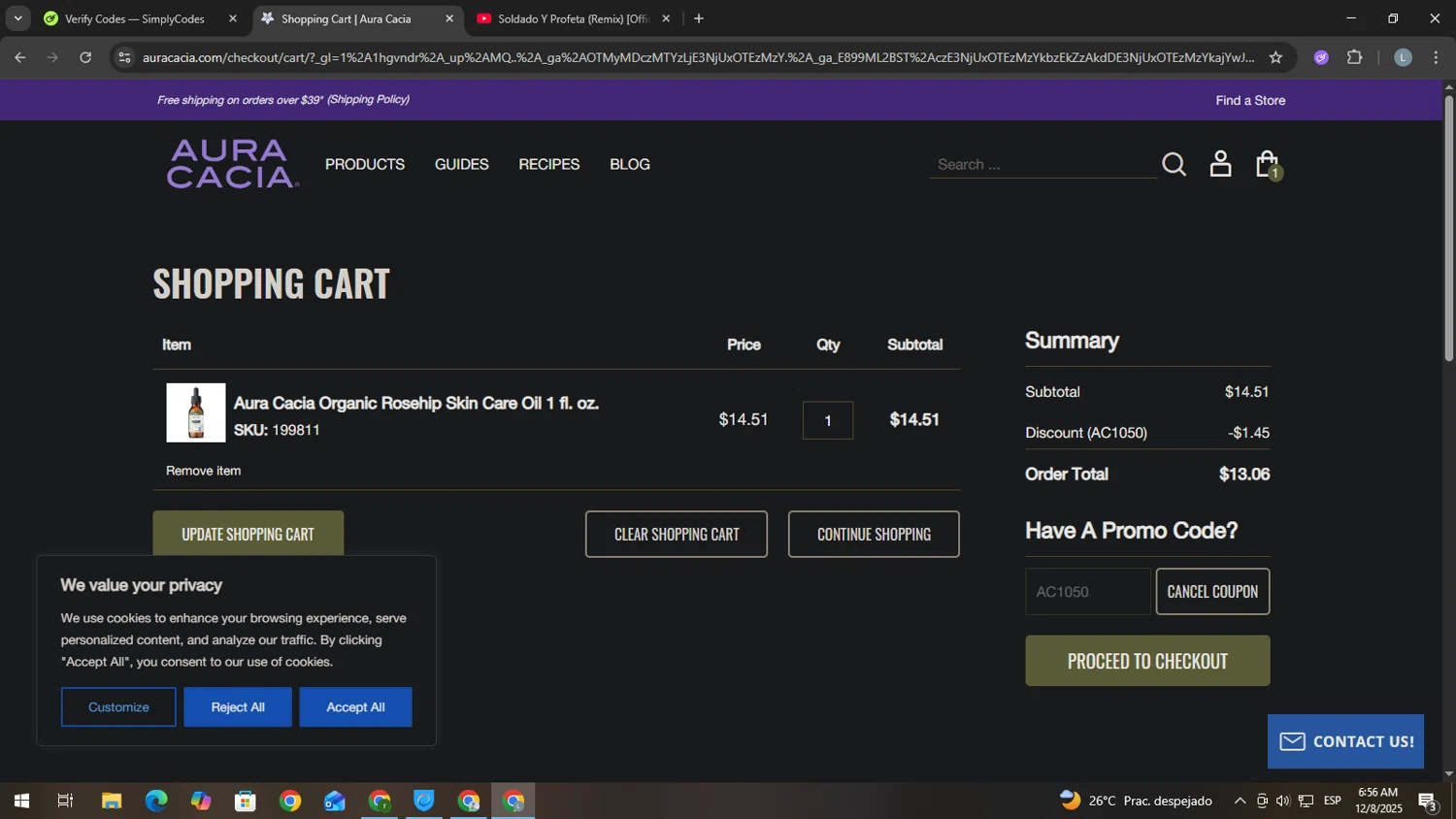 Aura Cacia coupon code screenshot showing code AC1050 applied at Aura Cacia checkout page. Uploaded by SimplyCodes community member USERR1 on Dec 8, 2025